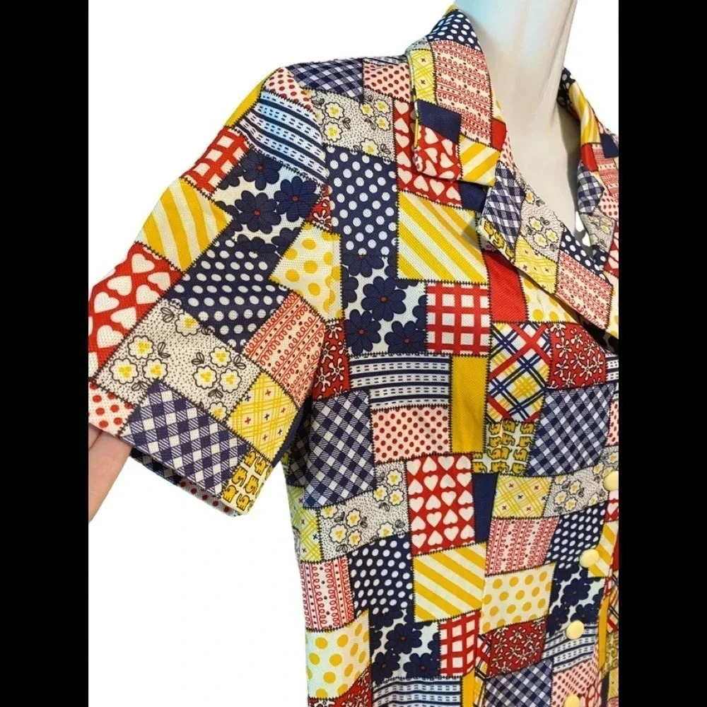 Vintage Short Sleeve Button Down Patchwork Shirt - image 2